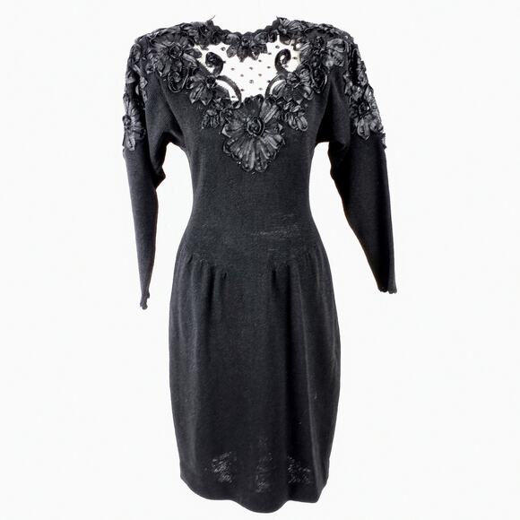 Vintage Dresses & Skirts - Vintage Black Evening Dress Long Sleeve Knit Wool Rhinestone Ribbon 1990s Small